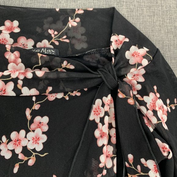 Jessica Max Floral Black Blouse Long Sleeve Mesh Material Tie on the side Neck - Picture 2 of 13